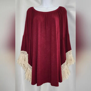 Super Nova Top Women's Size Medium Maroon Tunic Fringe Cuffs Boho Festival